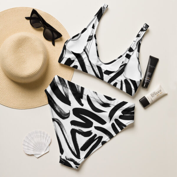 Mid Rise Bikini Sets for Women - Abstract Black and White Tummy Control Swimsuit Curve-Flattering Swimwear
